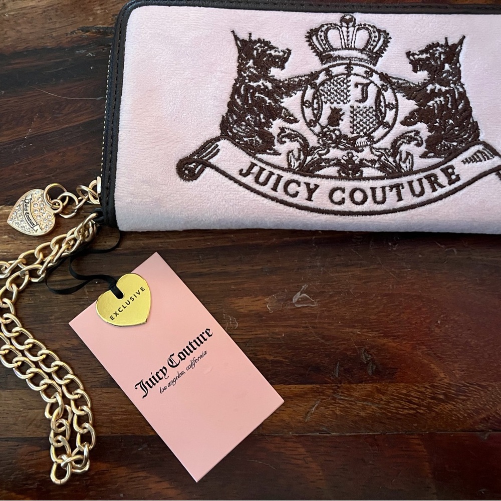 New Juicy Couture Pink Velvet Wallet with Gold Chain and Crest Embroidery